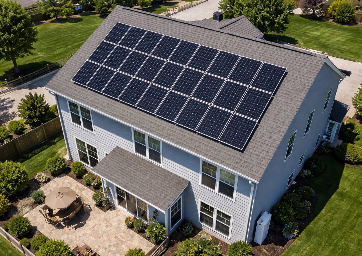 Aerial view of a white house with solar panels installed on the roof surrounded by landscaping